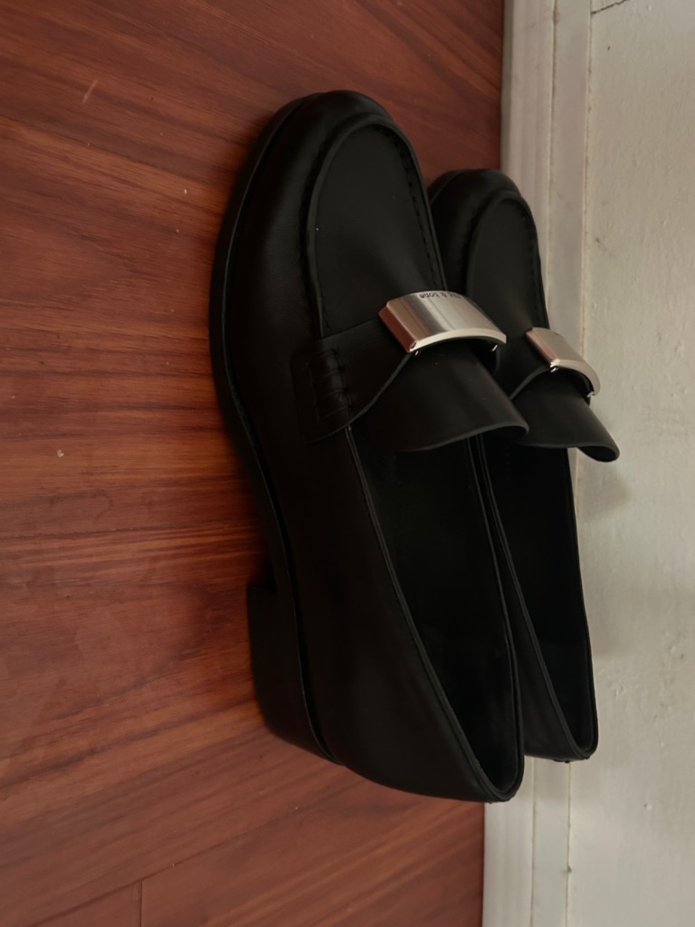 rag & bone Black Leather Penny Loafers with Silver Plaque - Picture 6 of 8